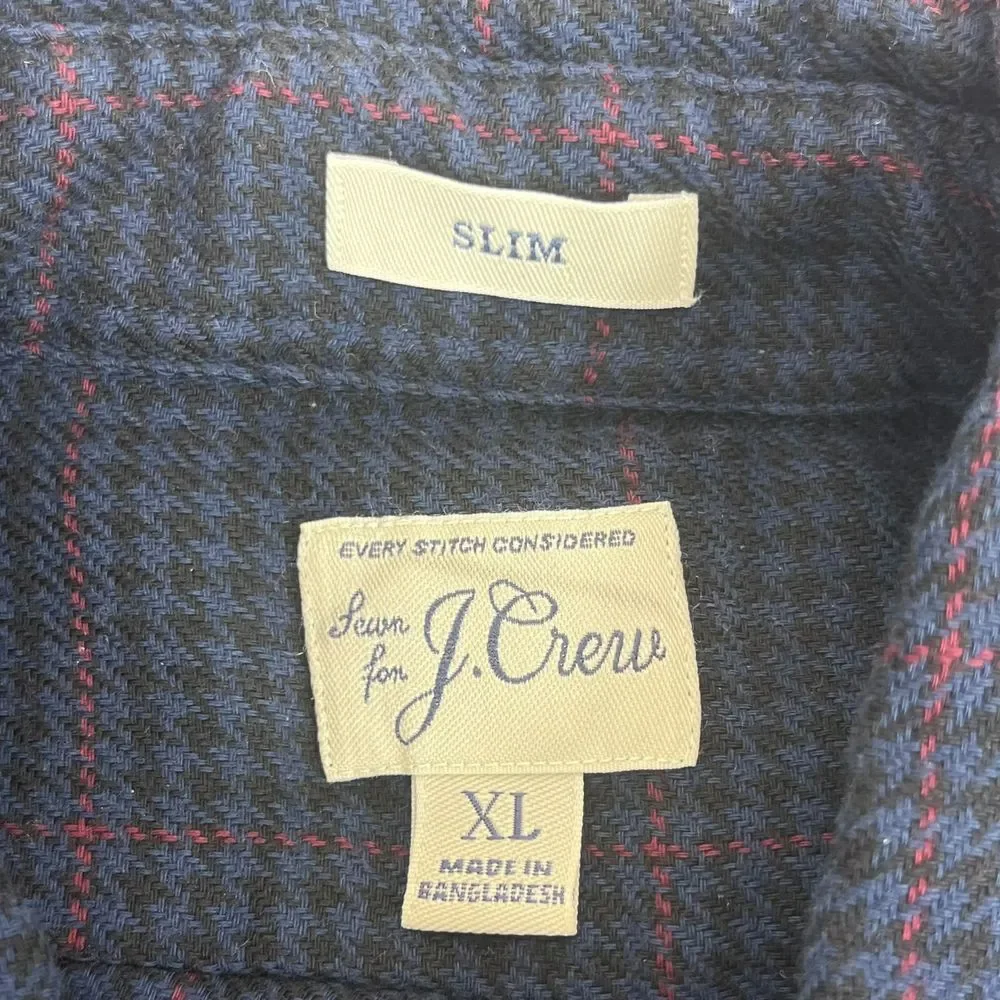 J.Crew Men's XL Slim Blue Houndstooth Check Flannel‎ L/S Shirt w/ Elbow Patch